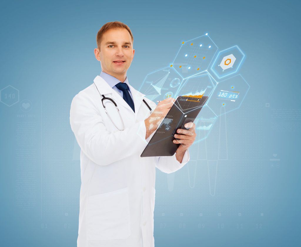 smiling doctor with clipboard image